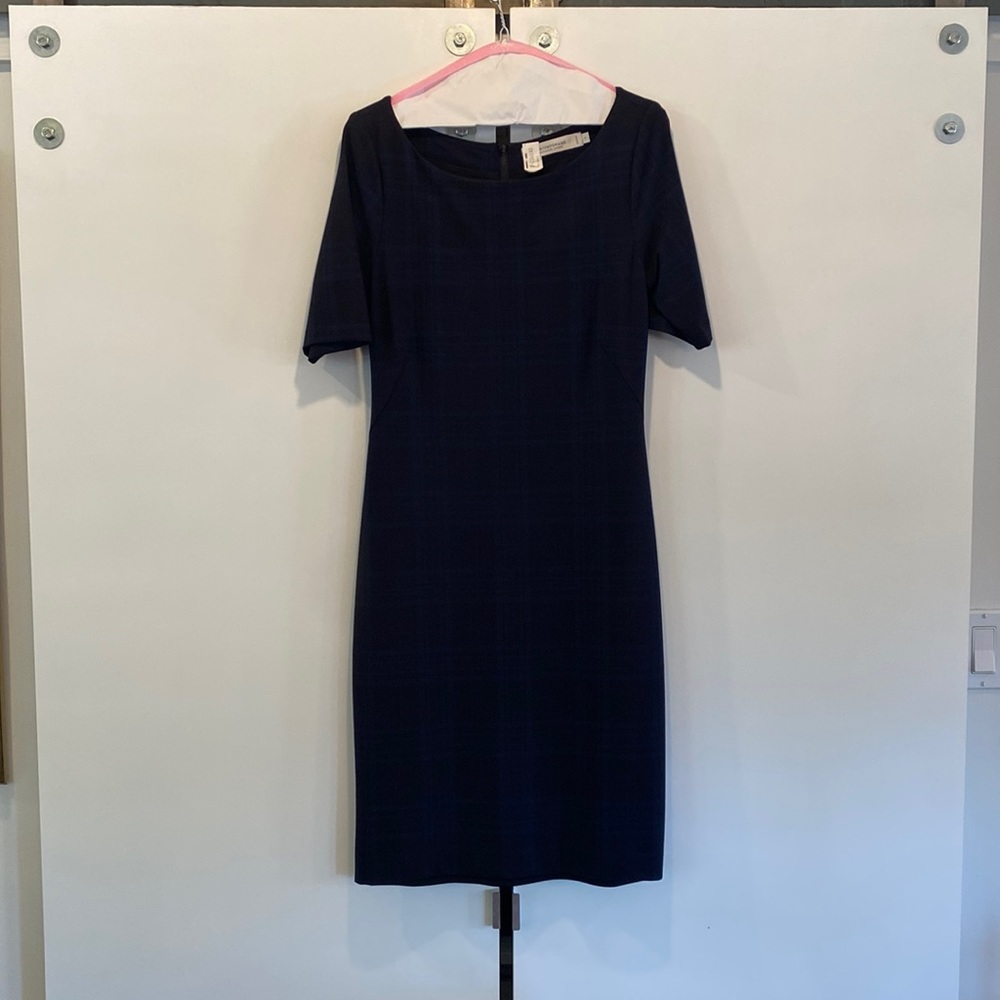 EUC Simons Contemporaine Navy Plaid Short Sleeve Sheath Dress